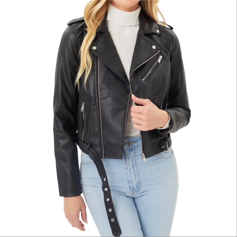 BLACK PU LEATHER BELTED MOTO JACKET